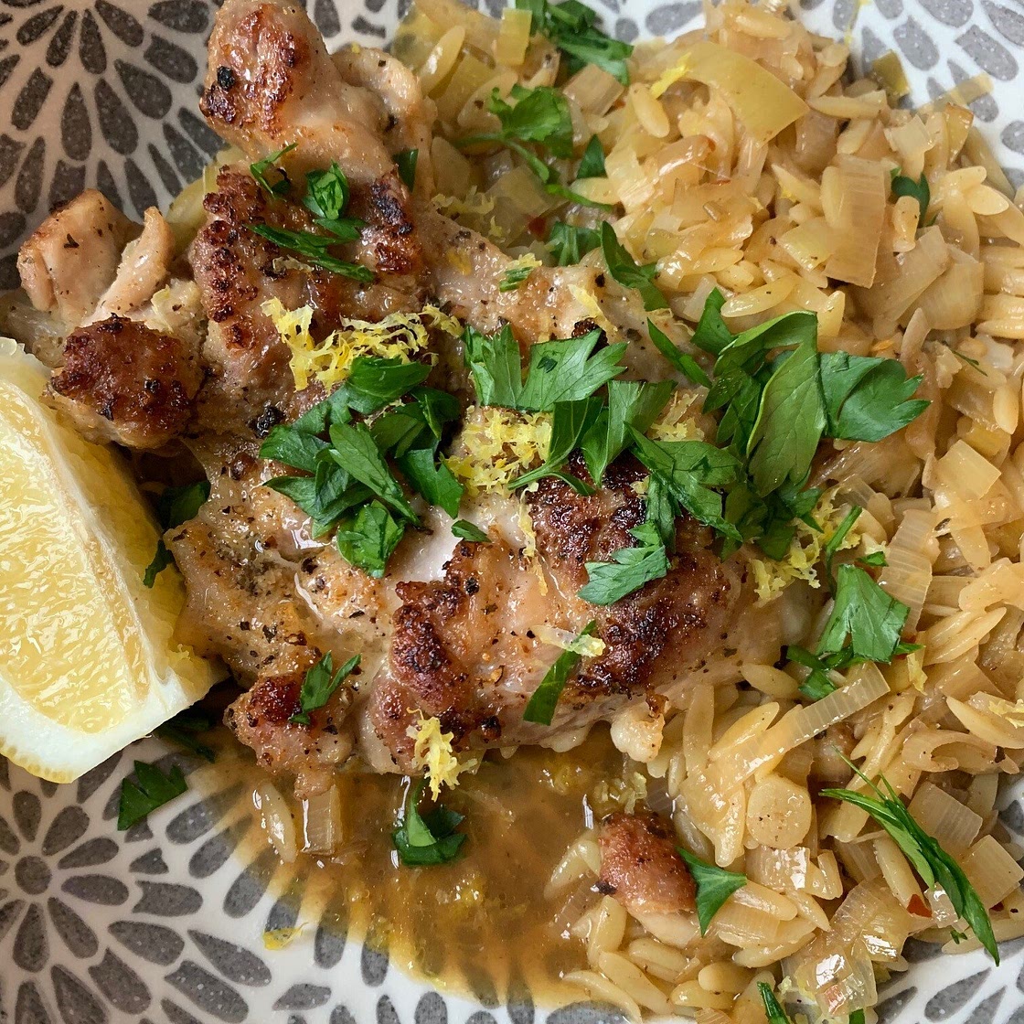 One Pan Chicken Thigh Orzo with Leeks