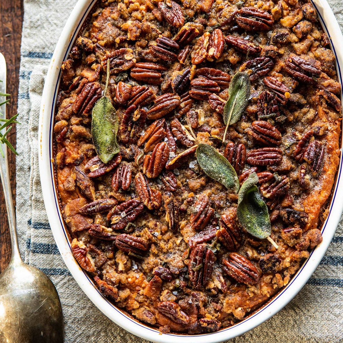 Bourbon Sweet Potato Casserole with Sweet ‘n’ Savory Bacon Pecans