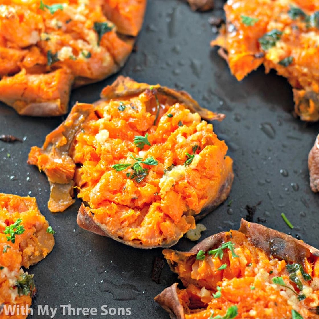 Garlic Butter Smashed Sweet Potatoes