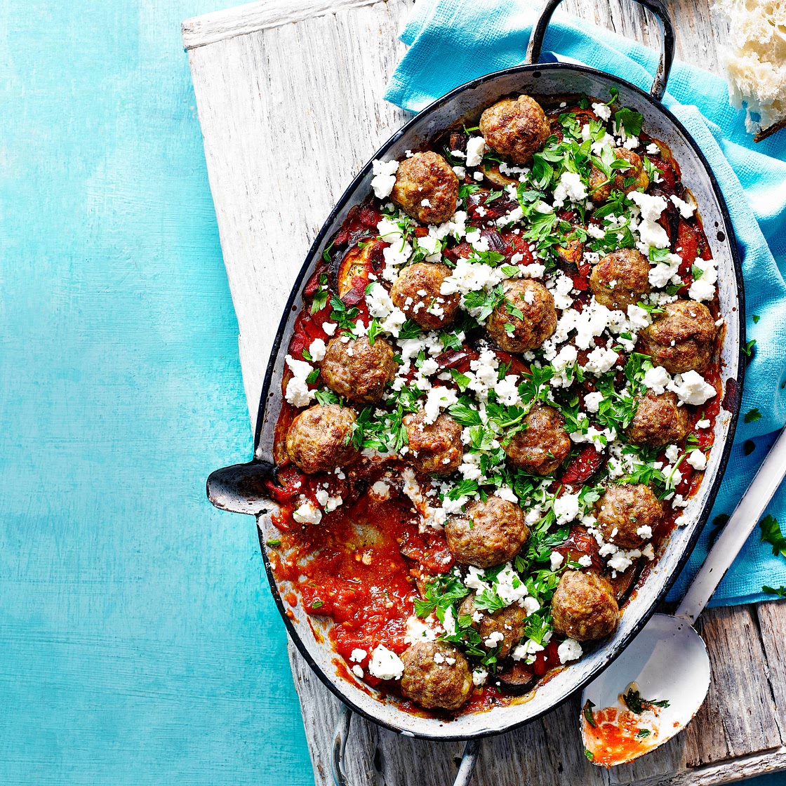 Easy Greek lamb meatball traybake recipe