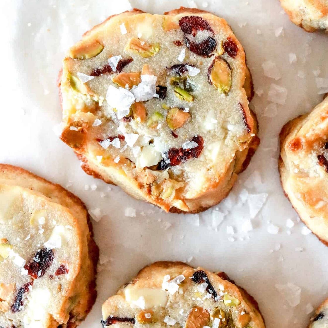 Soft-Baked White Chocolate Cranberry Pistachio Shortbread Cookies (with almond flour)