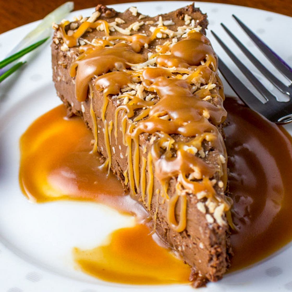 Crustless Chocolate Mousse Pie with Warm Caramel Sauce
