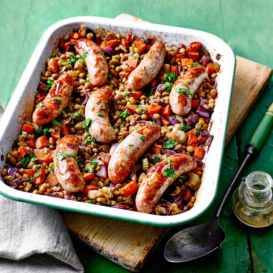 Green lentil and sausage traybake - the recipe to make when you need nutrients