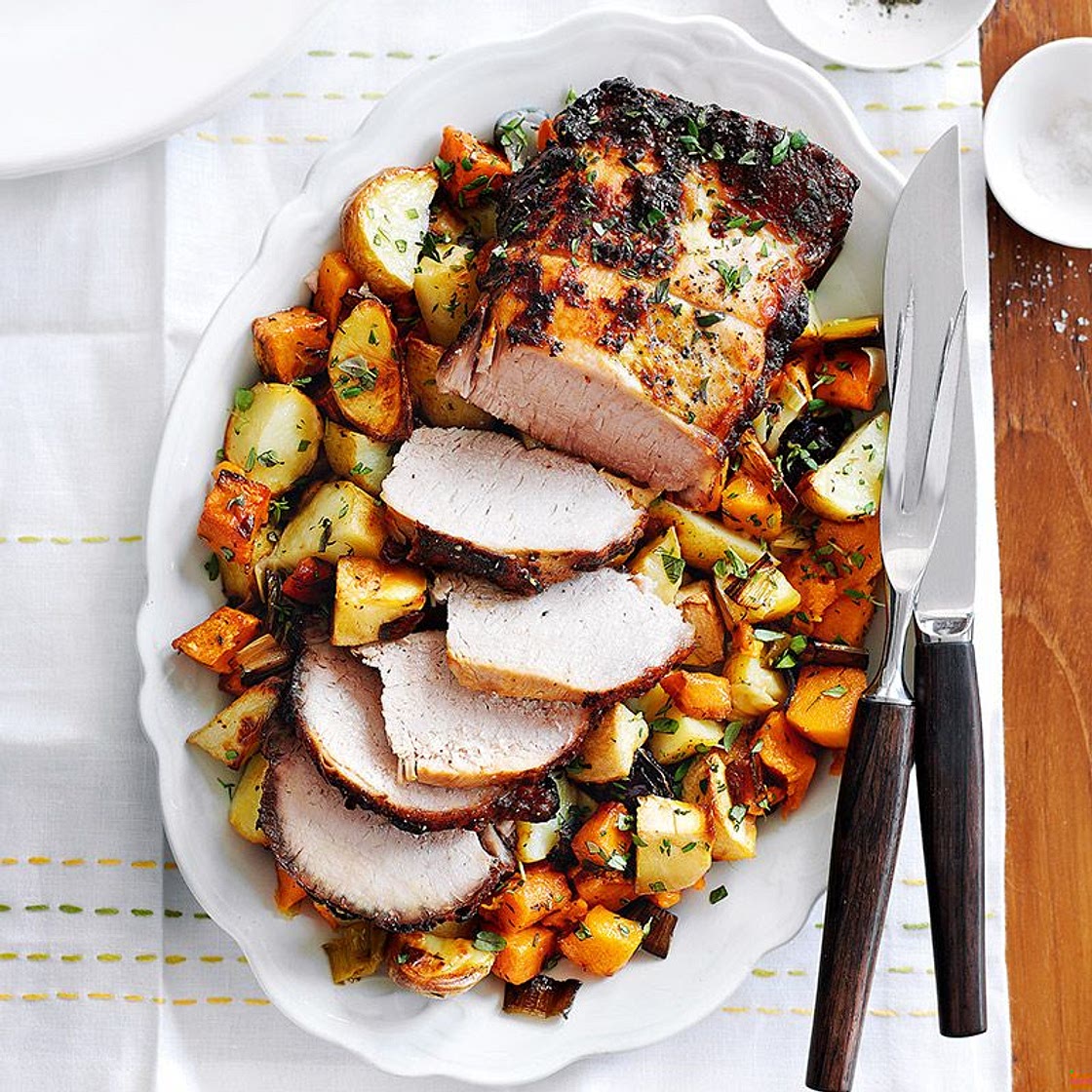 Roast lemon and mustard pork with one-pan vegetables