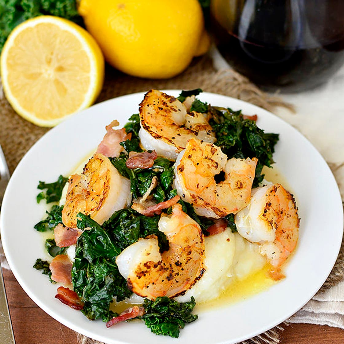 Crispy Bacon Kale and Shrimp with Lemon Butter Pan Sauce