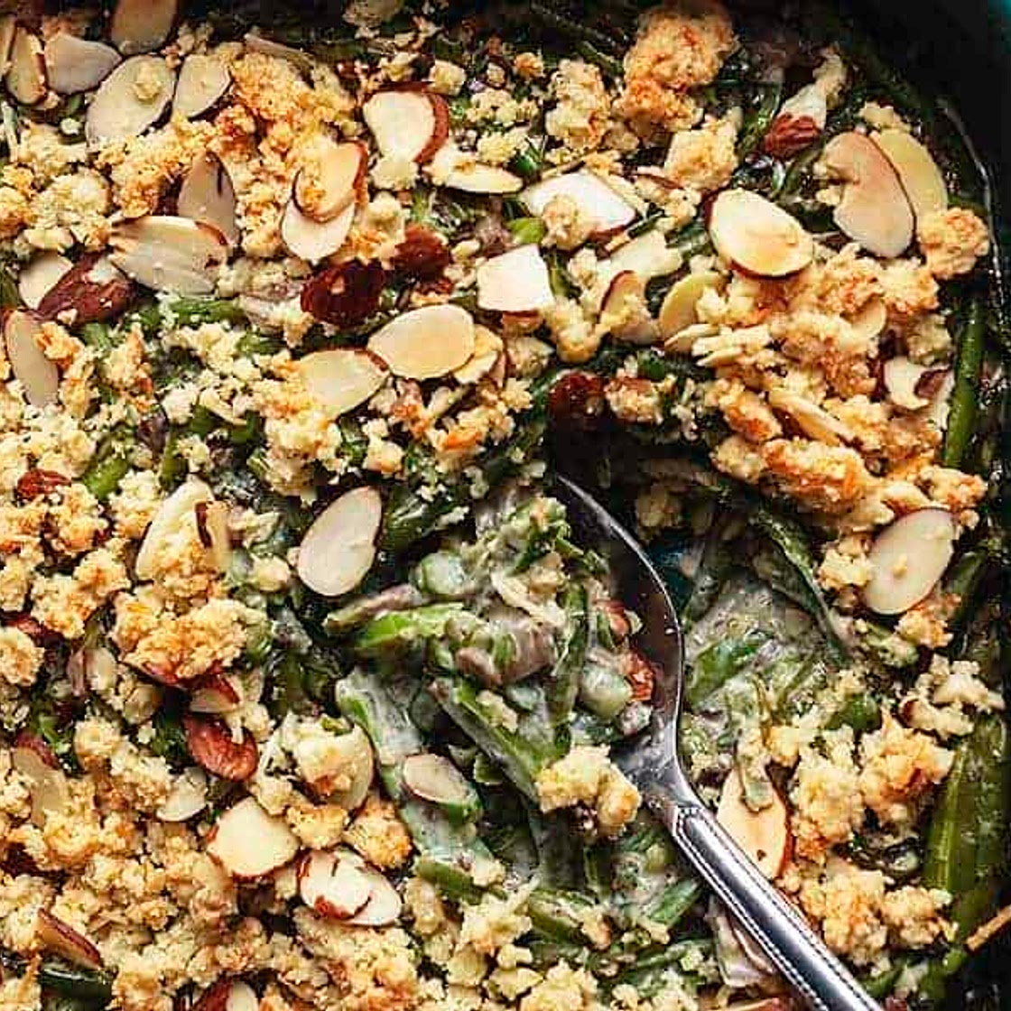 Keto Green Bean Casserole with Almond Parmesan Topping