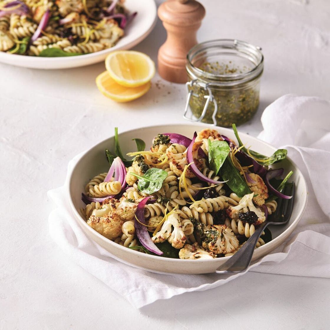 Roasted cauliflower and pesto pasta
