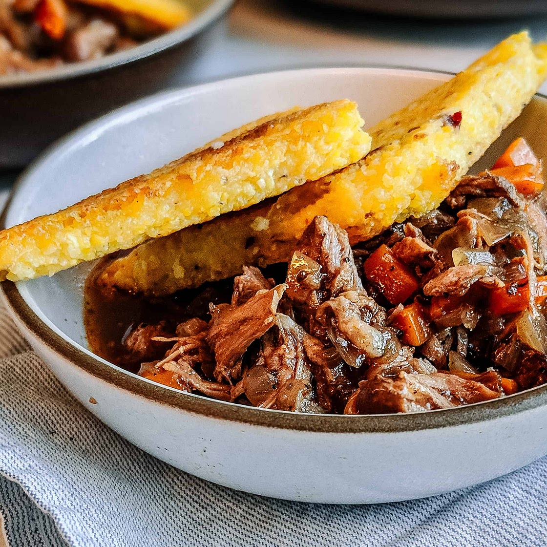 Slow cooker beef shanks with crispy polenta triangles