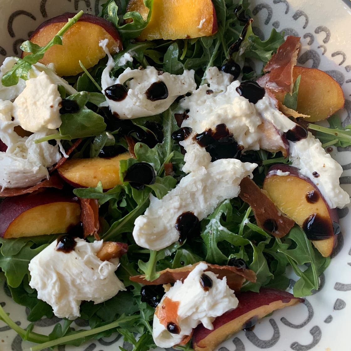 Arugula, Peach, Burrata, and Crispy Prosciutto Salad