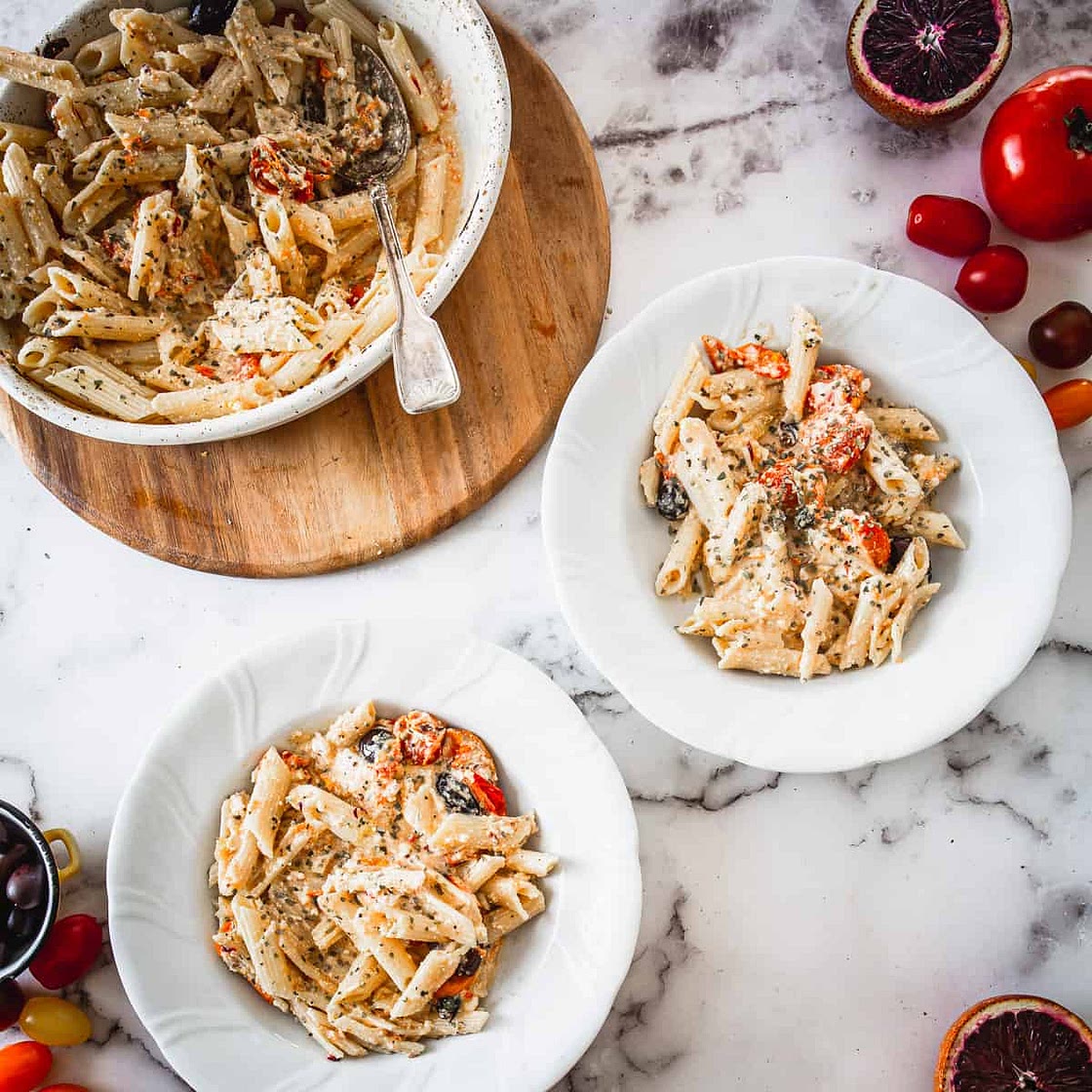Baked feta pasta with blood oranges and kalamata olives