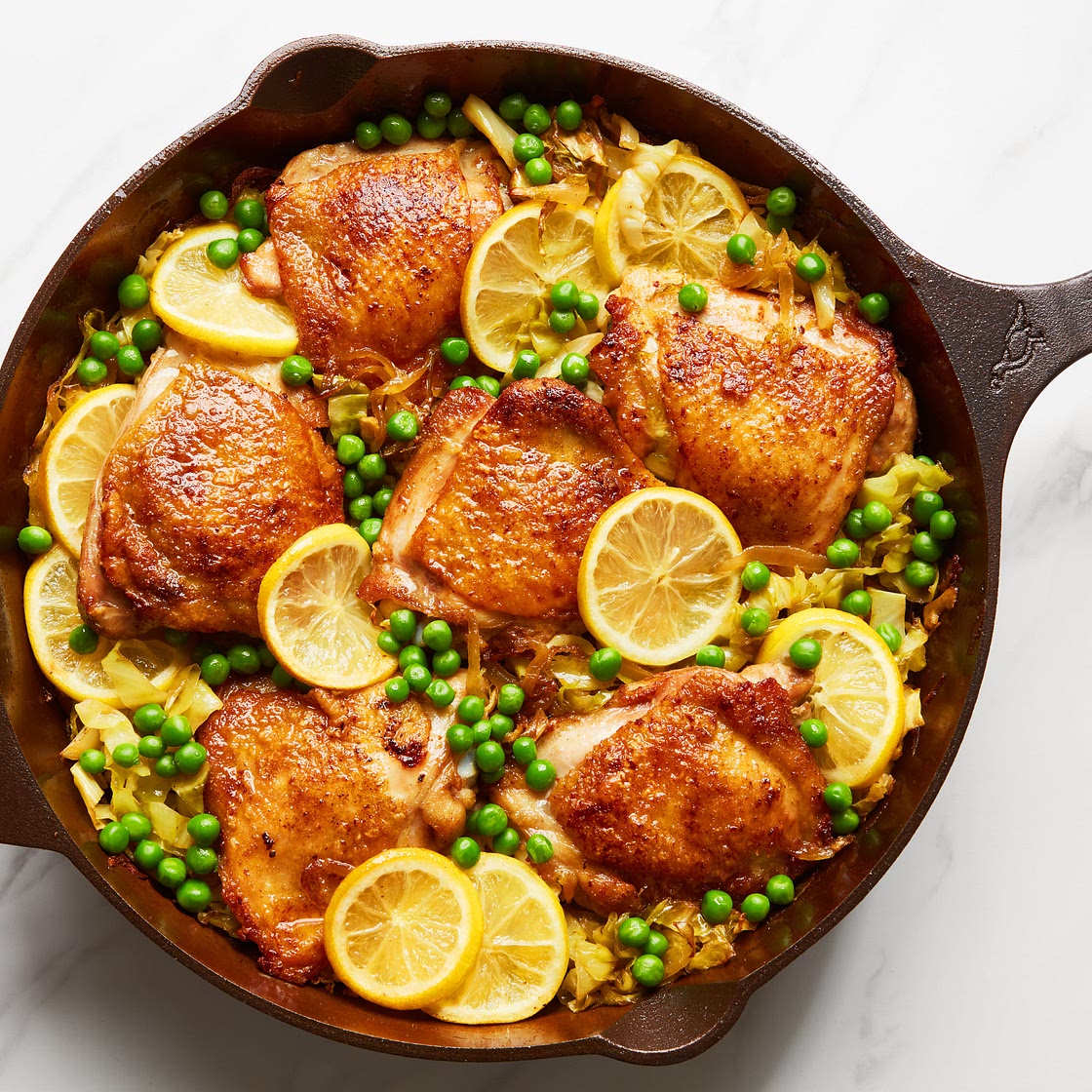 One-Pan Crispy Chicken With Turmeric-Lemon Cabbage and Peas