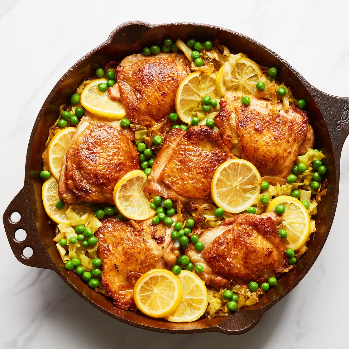 One-Pan Crispy Chicken With Turmeric-Lemon Cabbage and Peas