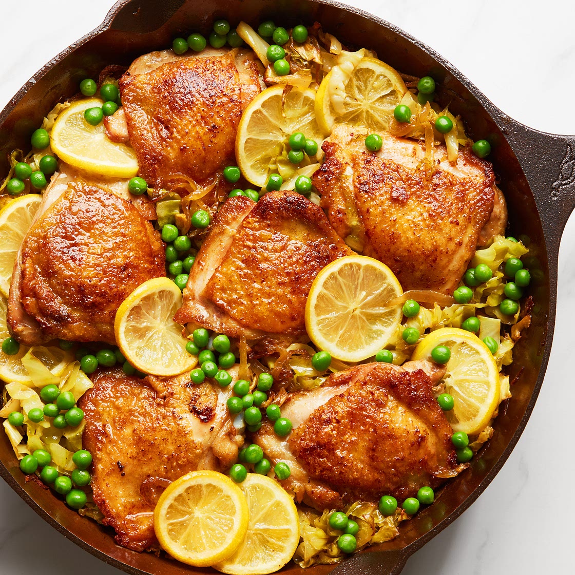 One-Pan Crispy Chicken With Turmeric-Lemon Cabbage and Peas