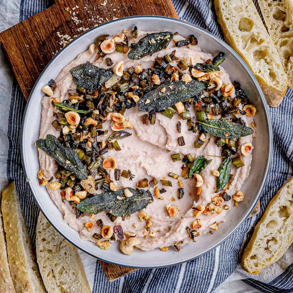 Garlicky White Bean Dip with Kale Stems, Sage & Hazelnut