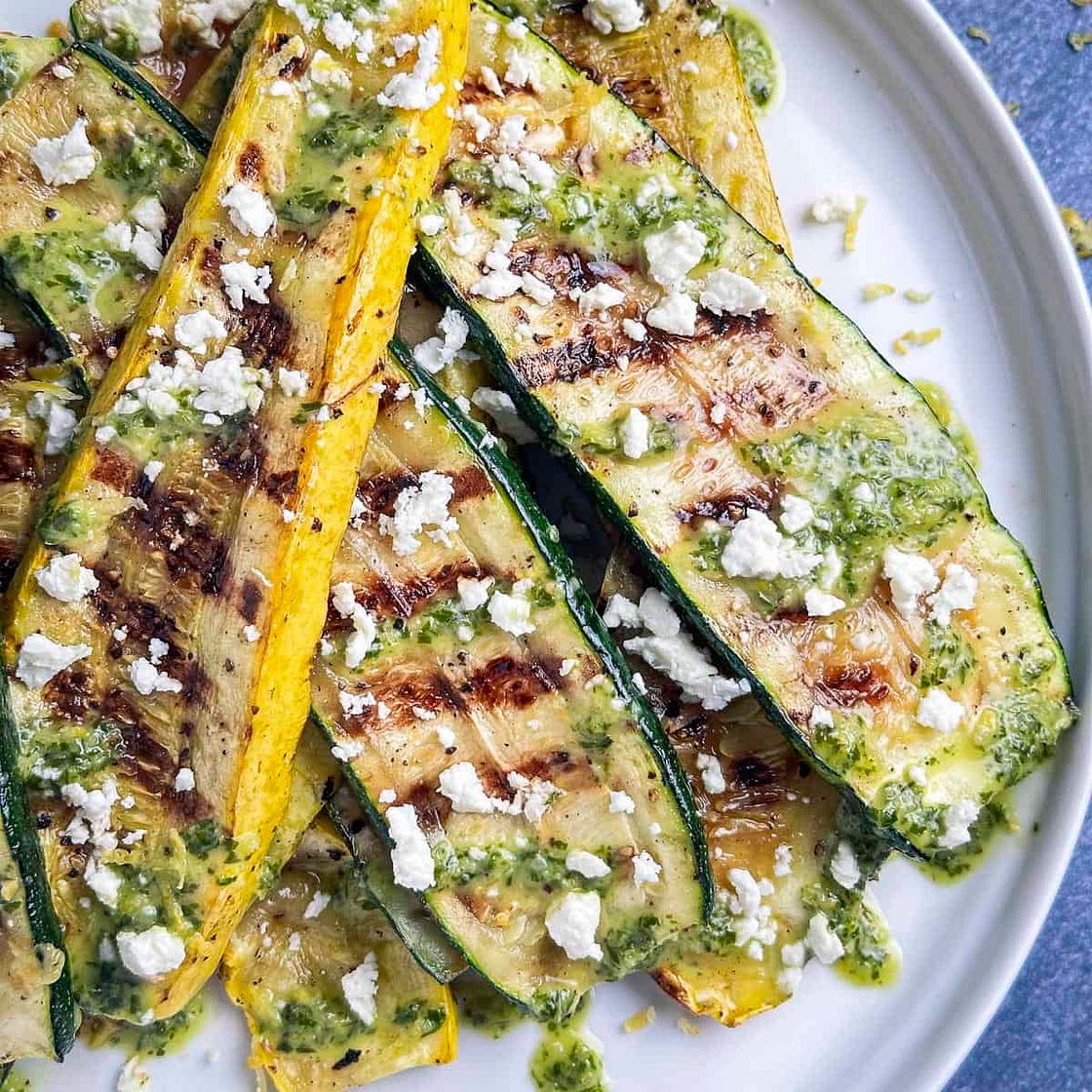 Grilled Summer Squash and Zucchini with Lemon Basil Drizzle