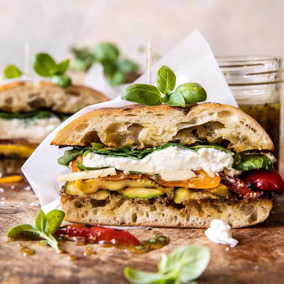 Grilled Vegetable Burrata Sandwich with Lemon Thyme Honey Mustard