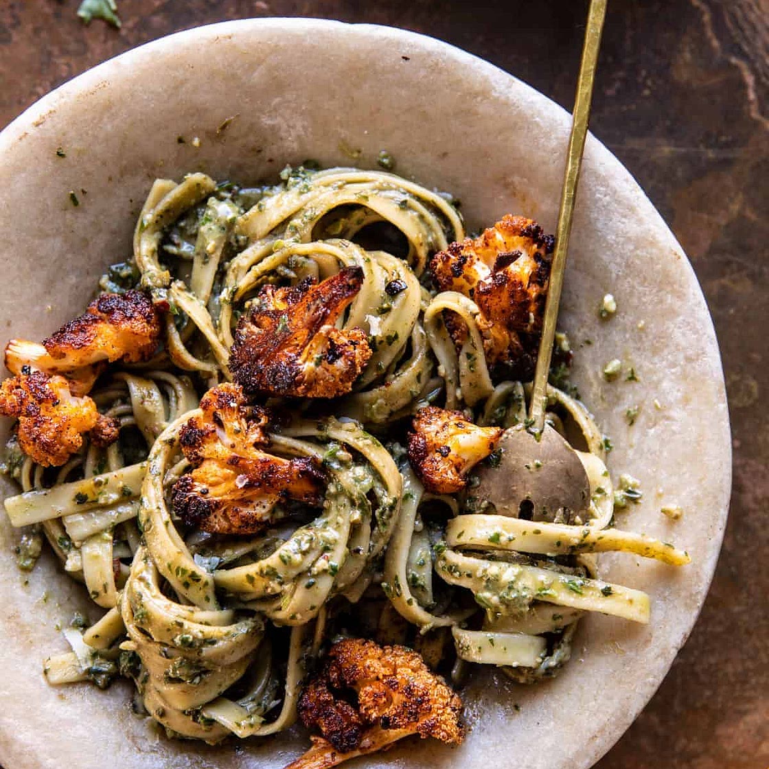 Crispy Roasted Cauliflower with Creamy Pesto Pasta