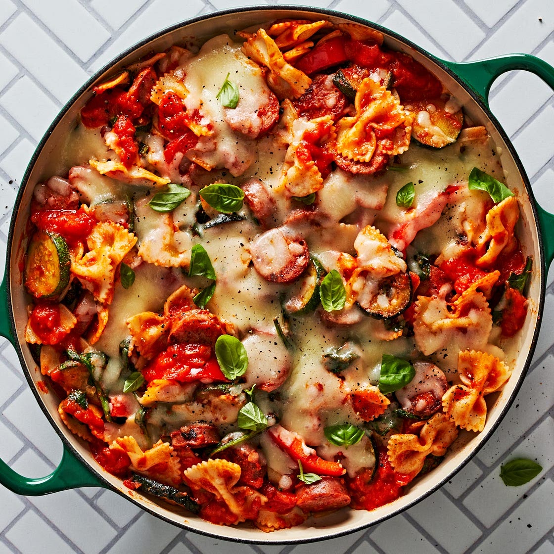 Summer Bowtie Pasta and Chicken Sausage Skillet Bake