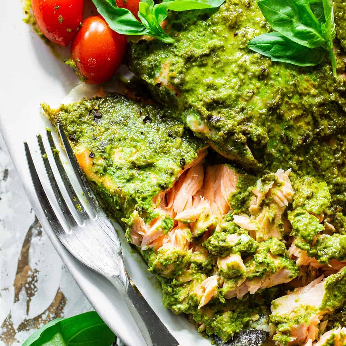 Pesto Baked Salmon {Paleo, Whole30}