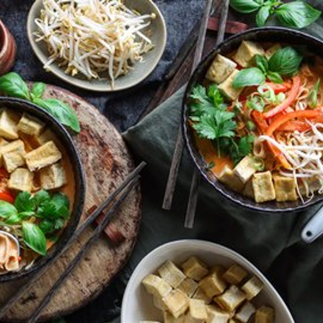 Thai Red Curry Noodle Soup with Crispy Tofu
