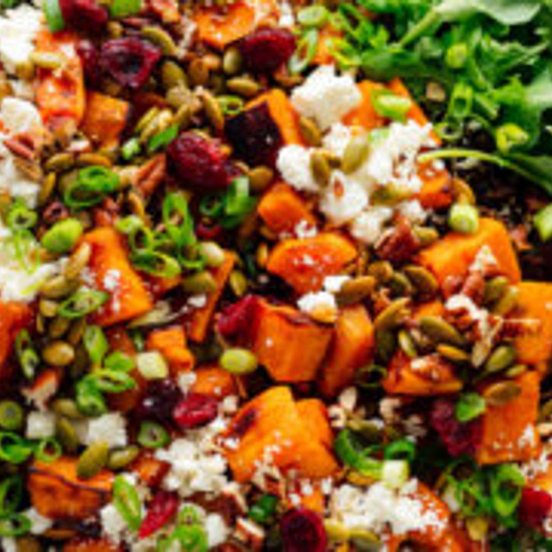 Hearty Sweet Potato, Arugula & Wild Rice Salad with Ginger Dressing