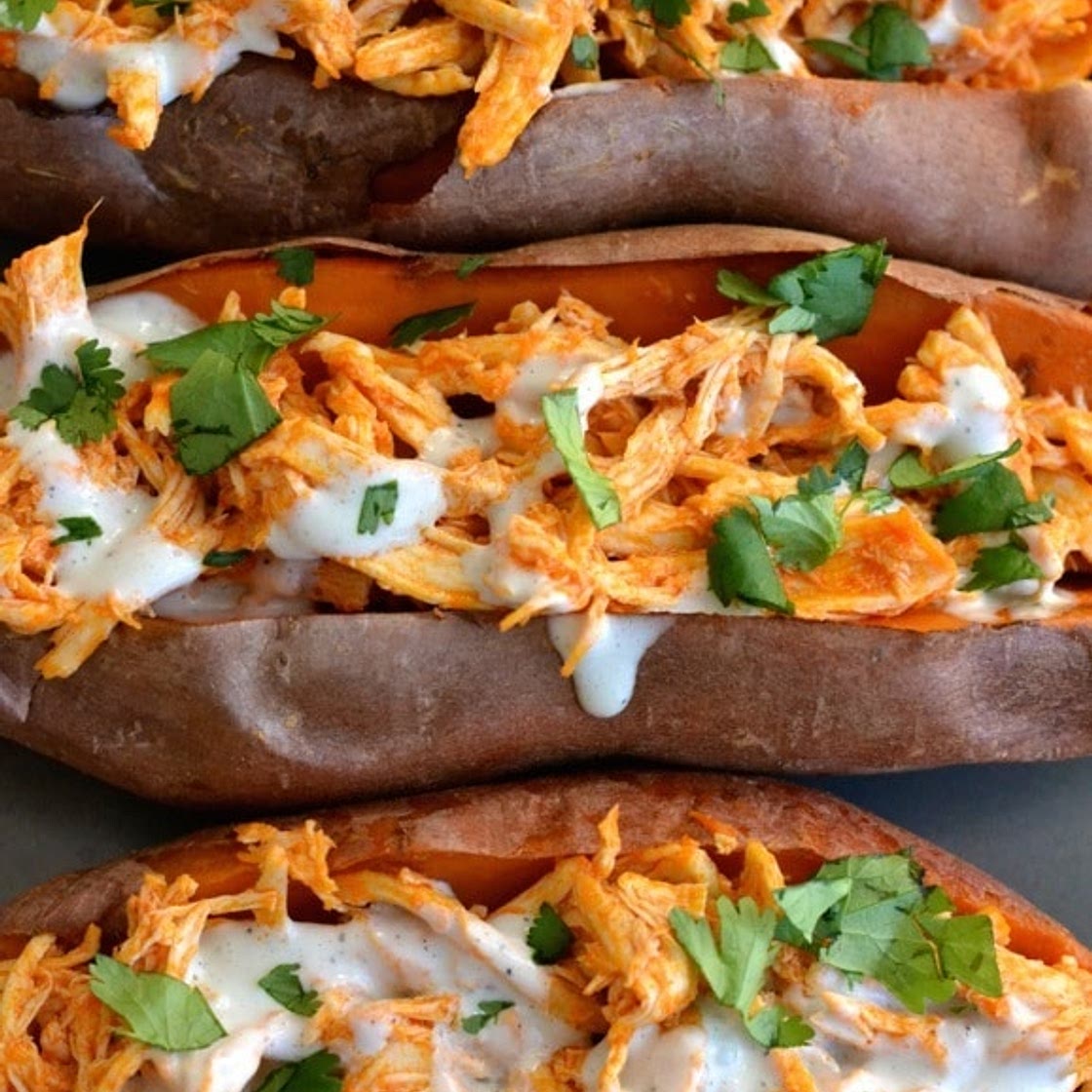 Skinny Buffalo Chicken Stuffed Sweet Potatoes