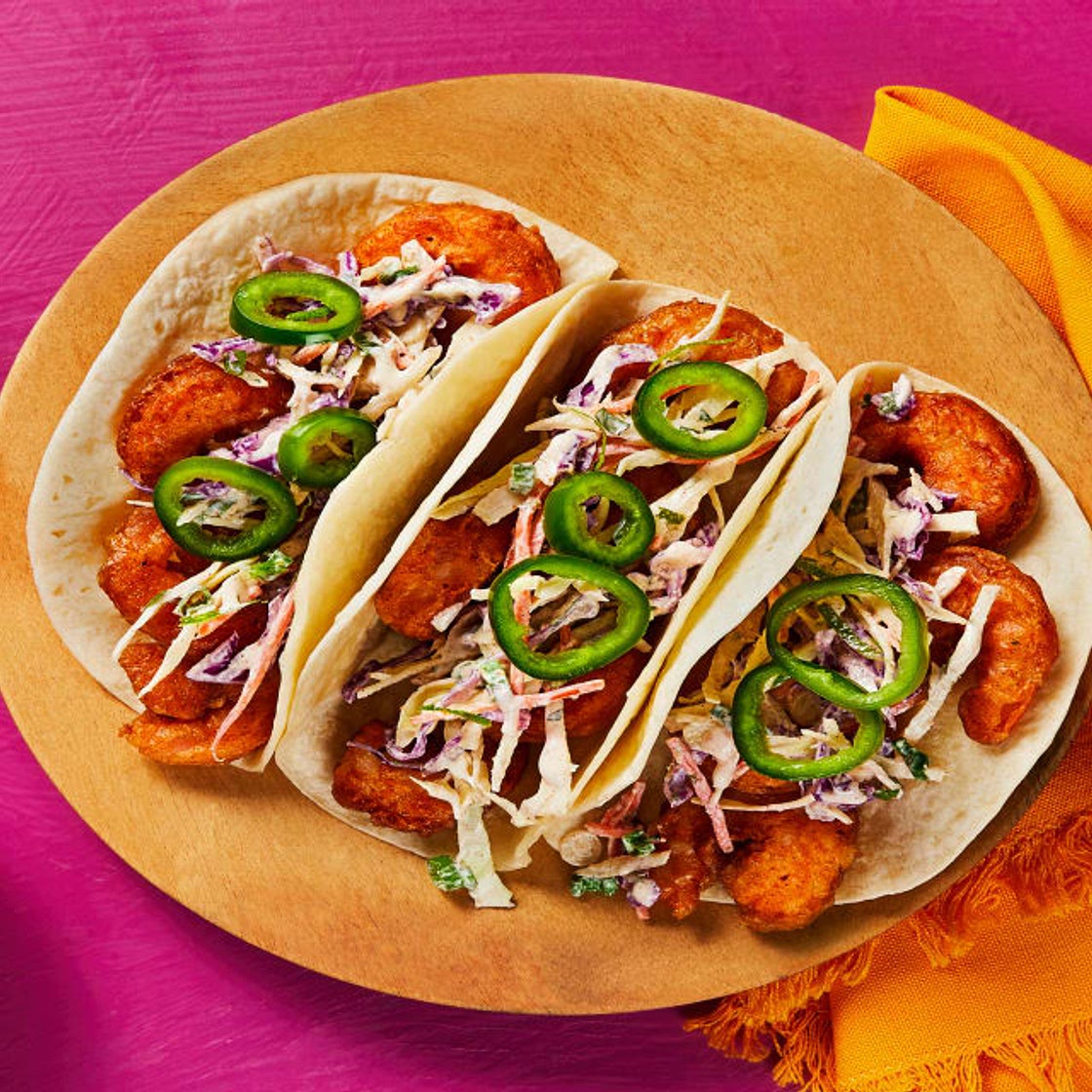 Blazin’ Baja Shrimp Tacos with Southwest Slaw & Pickled Jalapeño