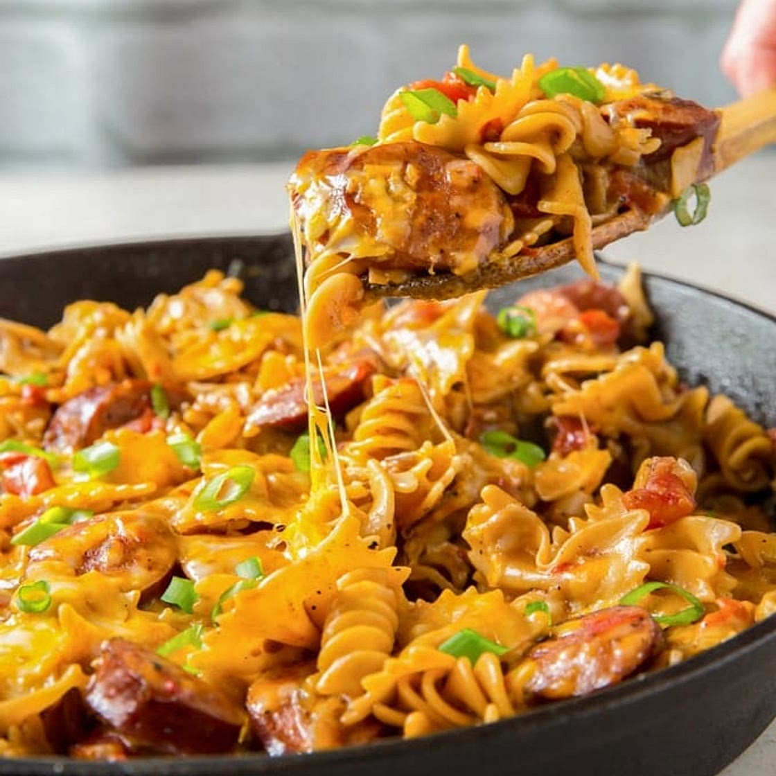 One Pan Cheesy Smoked Sausage Pasta Skillet
