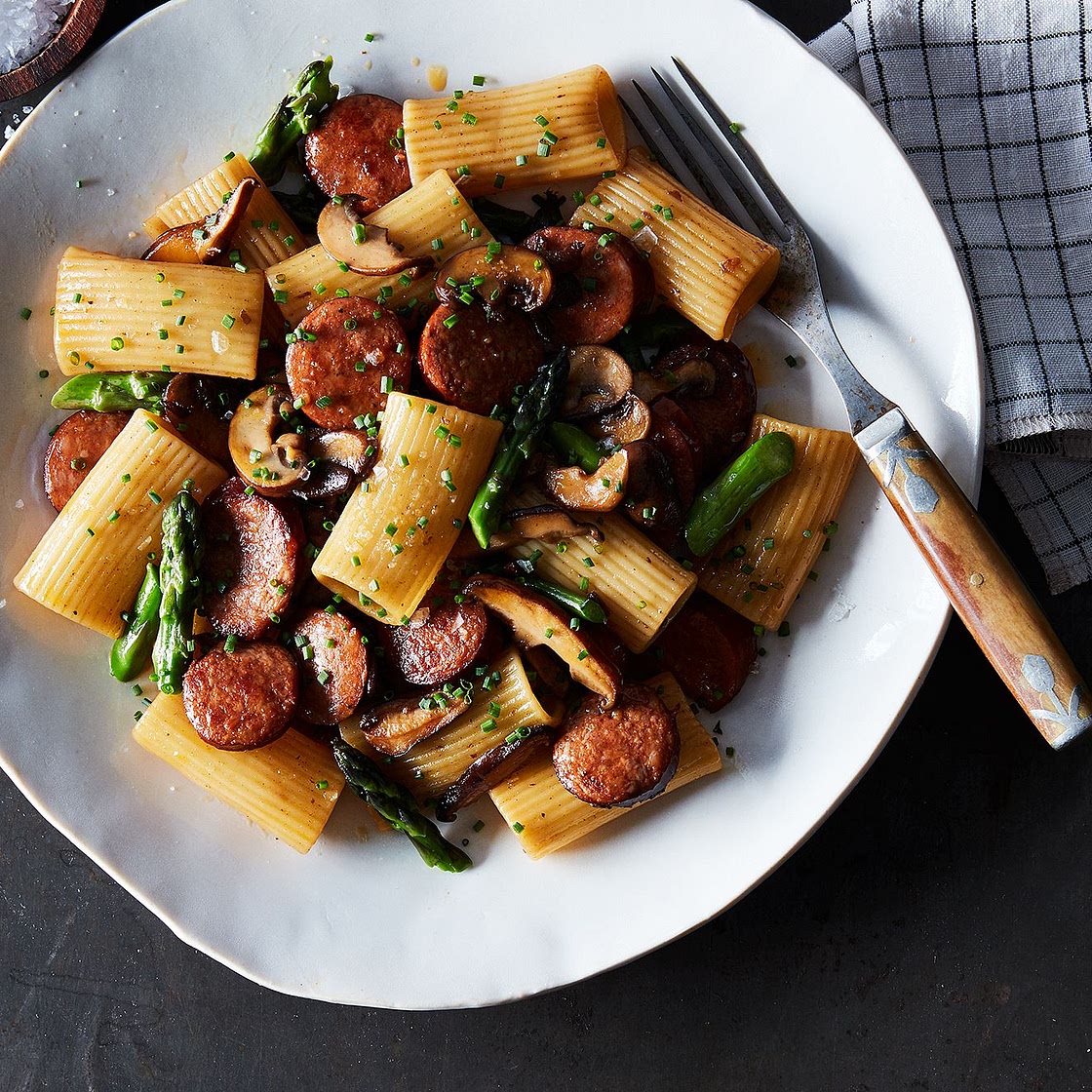 Rigatoni with Chorizo, Wild Mushrooms and Asparagus