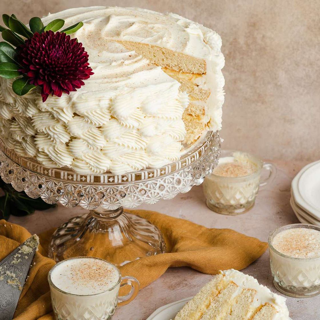 Eggnog Spice Cake with Bourbon Custard Filling and Eggnog Buttercream