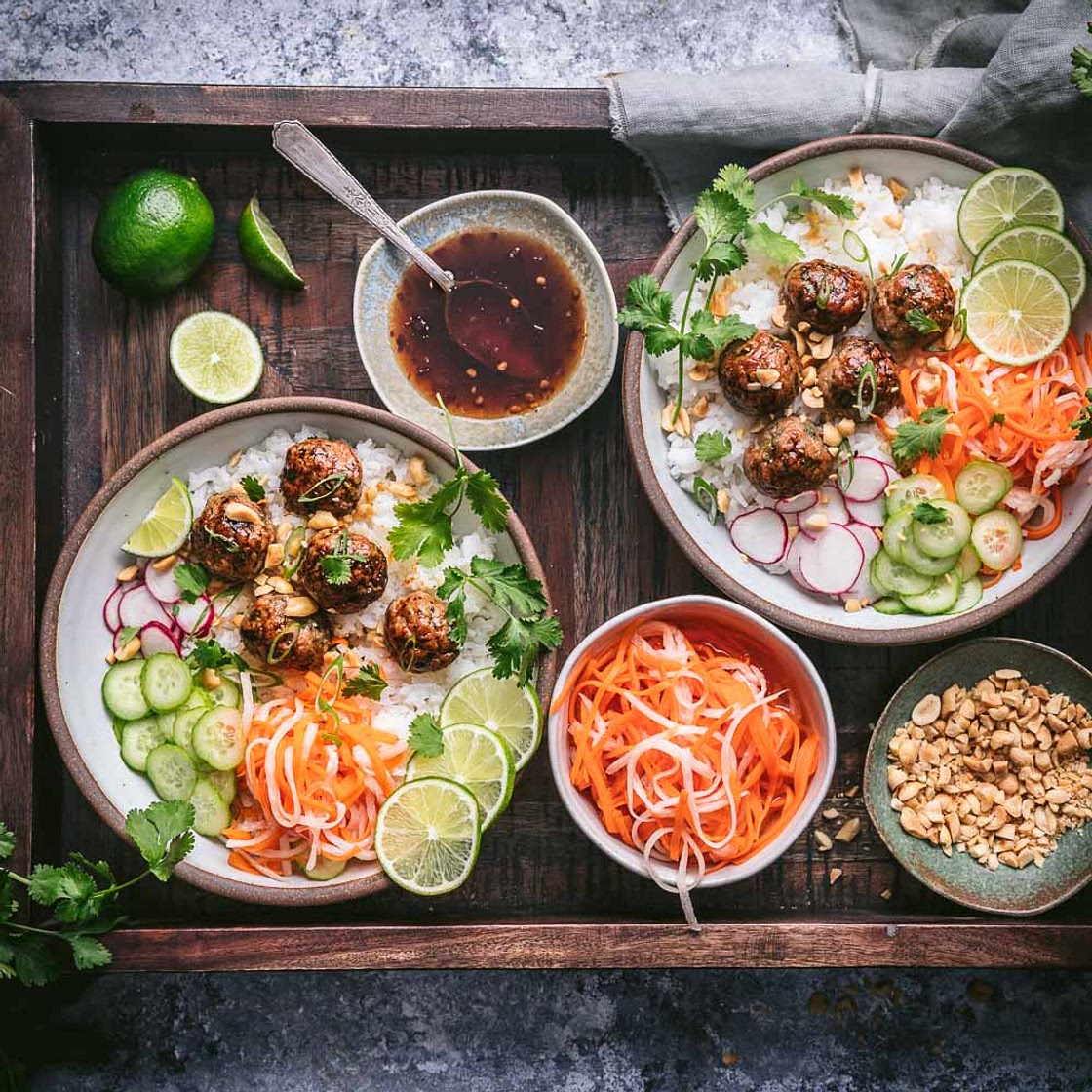 Rice Bowls with Baked Vietnamese-style Meatballs