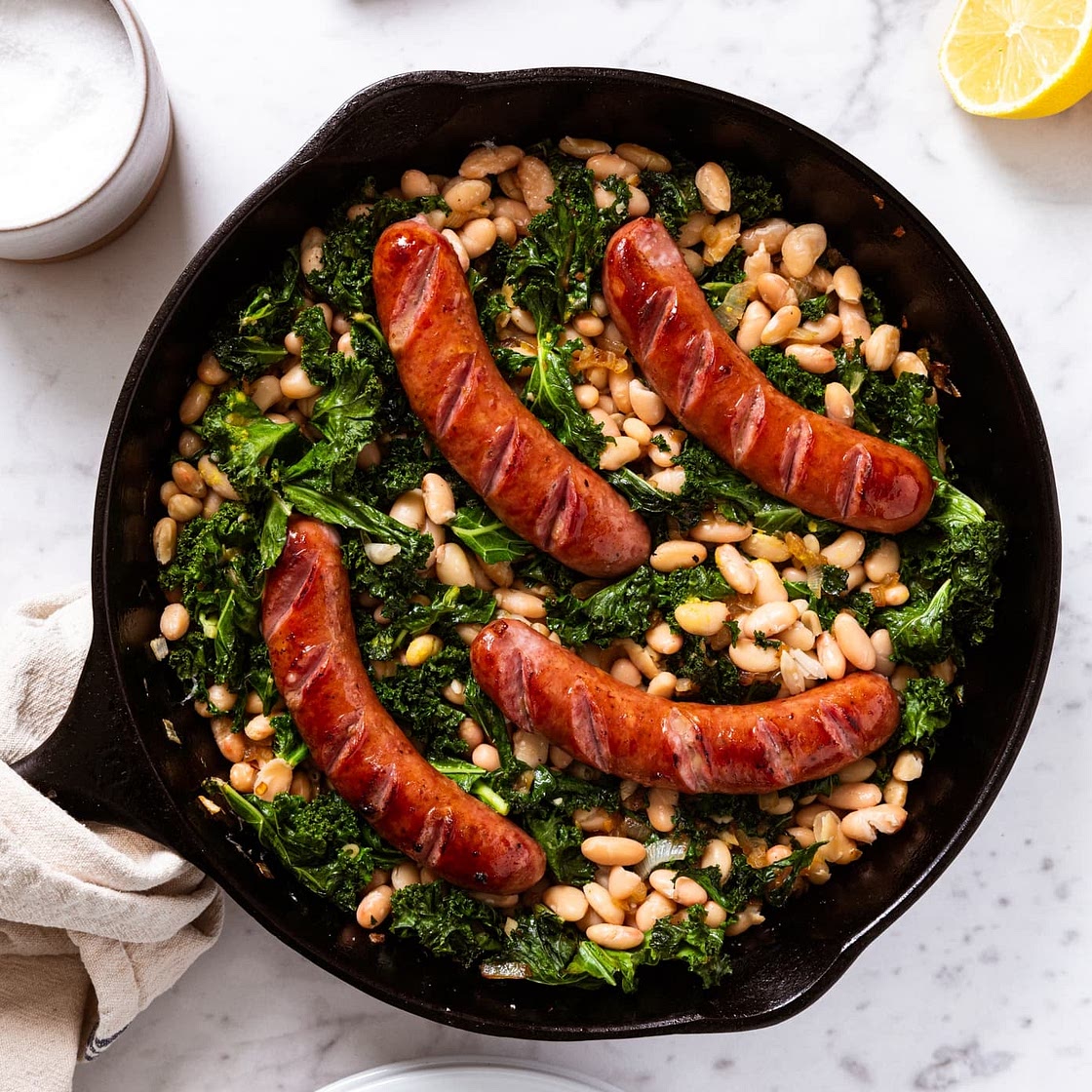 Skillet Sausage with White Beans & Kale
