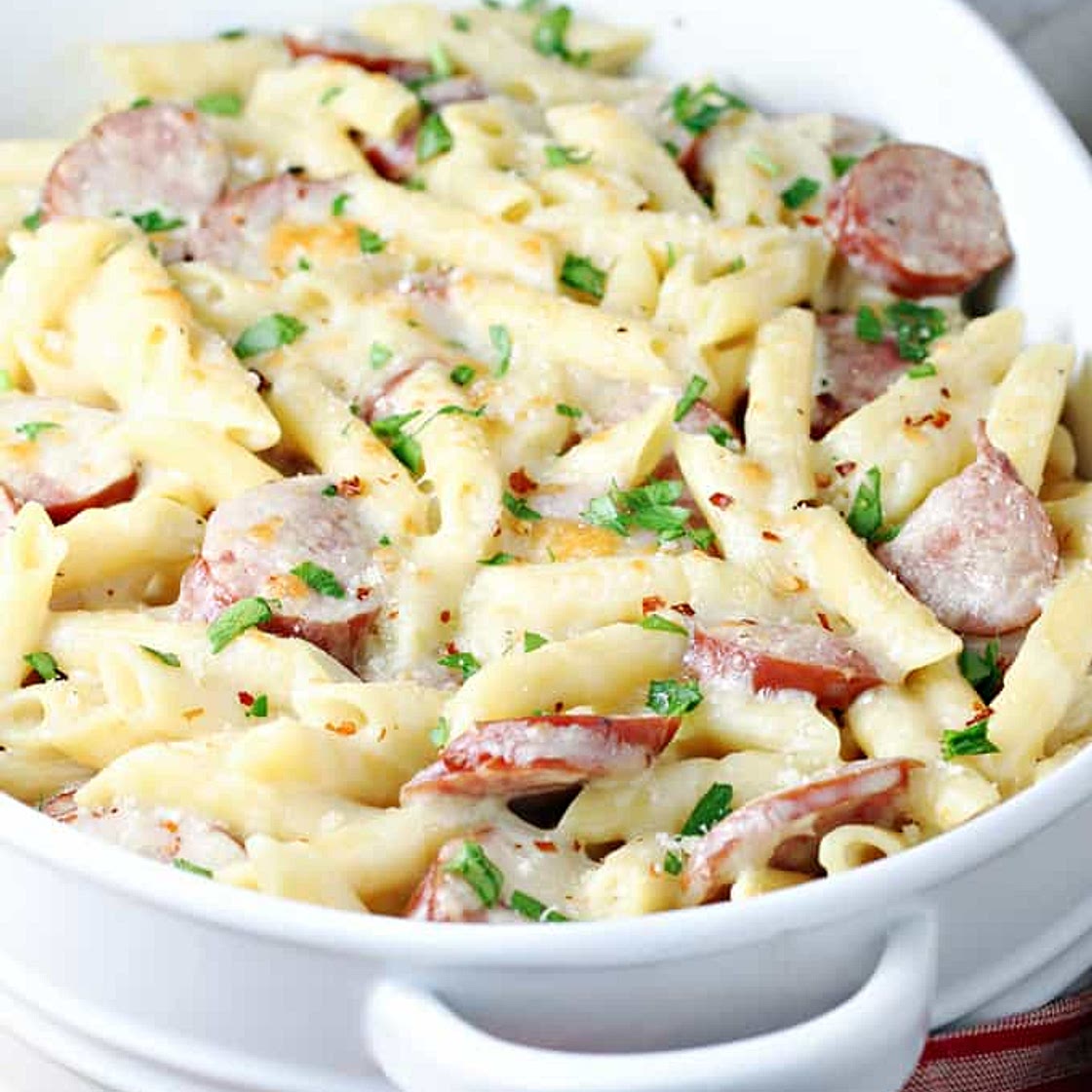 Spicy Smoked Sausage Alfredo Bake