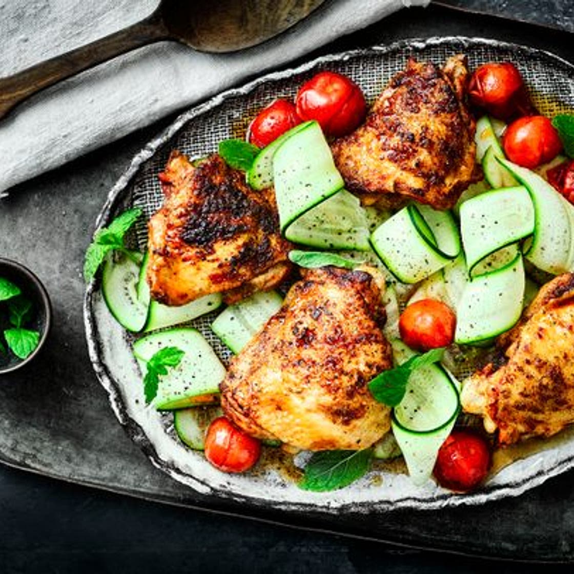 Paprika chicken thighs with cherry tomatoes, courgette ribbons and mint