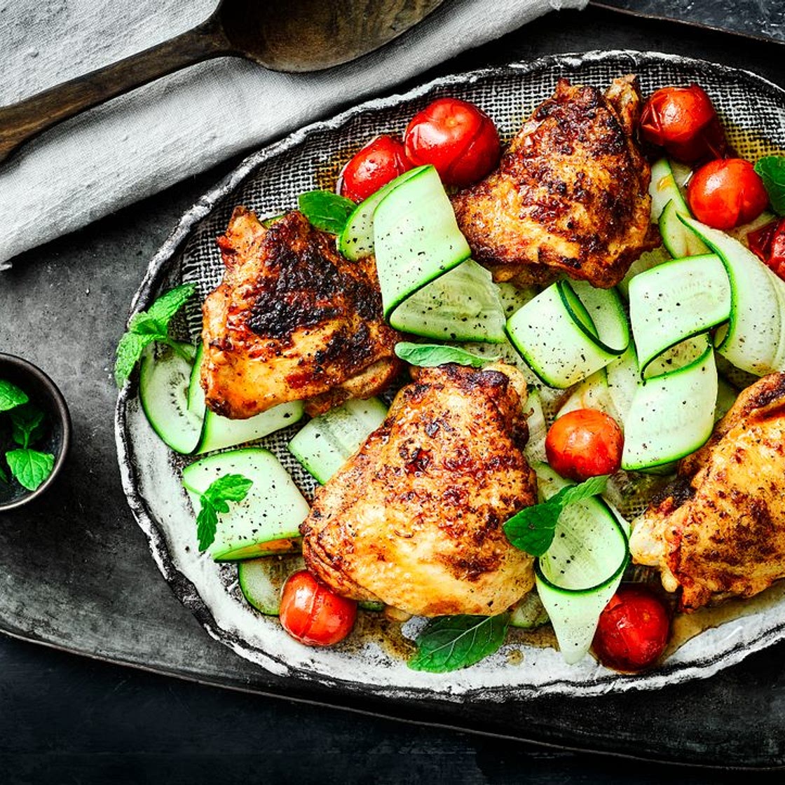 Paprika chicken thighs with cherry tomatoes, courgette ribbons and mint