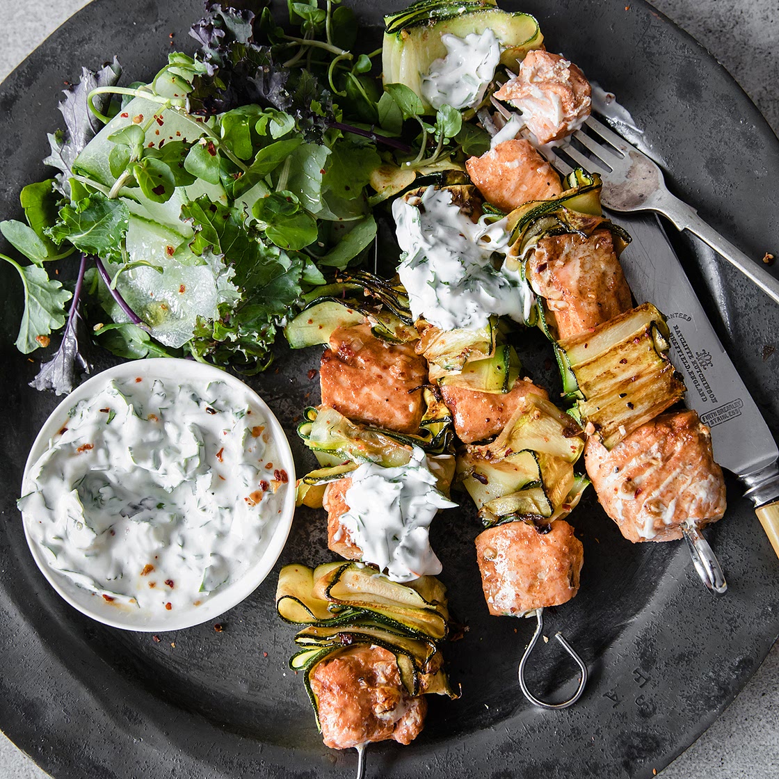 Paprika & Lime Salmon Kebabs With Herby Coconut Yoghurt