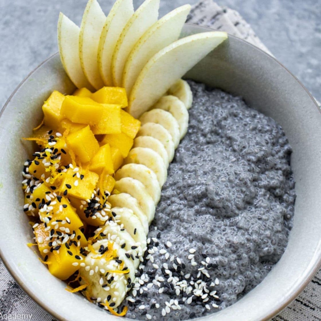Chia Pudding, Black Sesame Milk, Mango