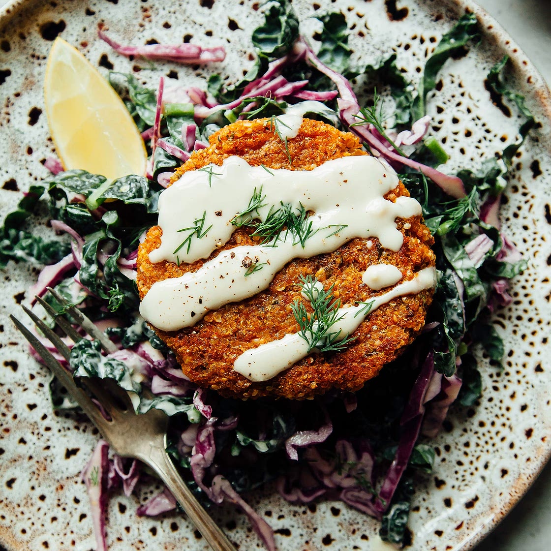 Sweet Potato Cake Patties with Lemony Slaw