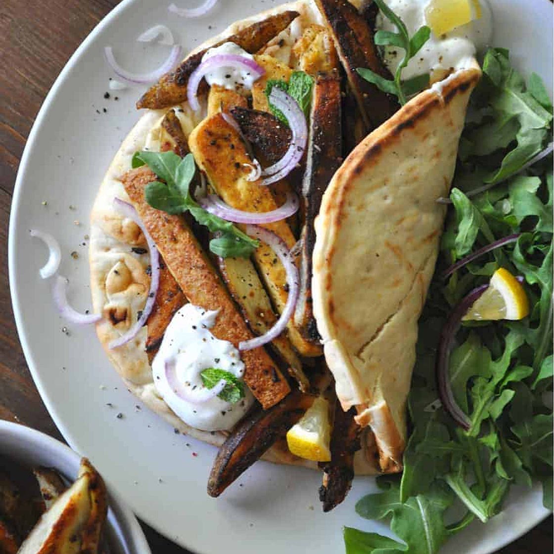 Vegan Greek Tofu and Fry Wrap
