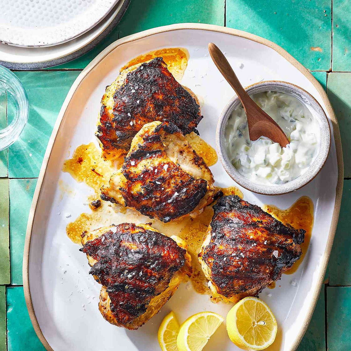 Tandoori-Spiced Grilled Chicken Thighs with Cucumber-Yogurt Sauce