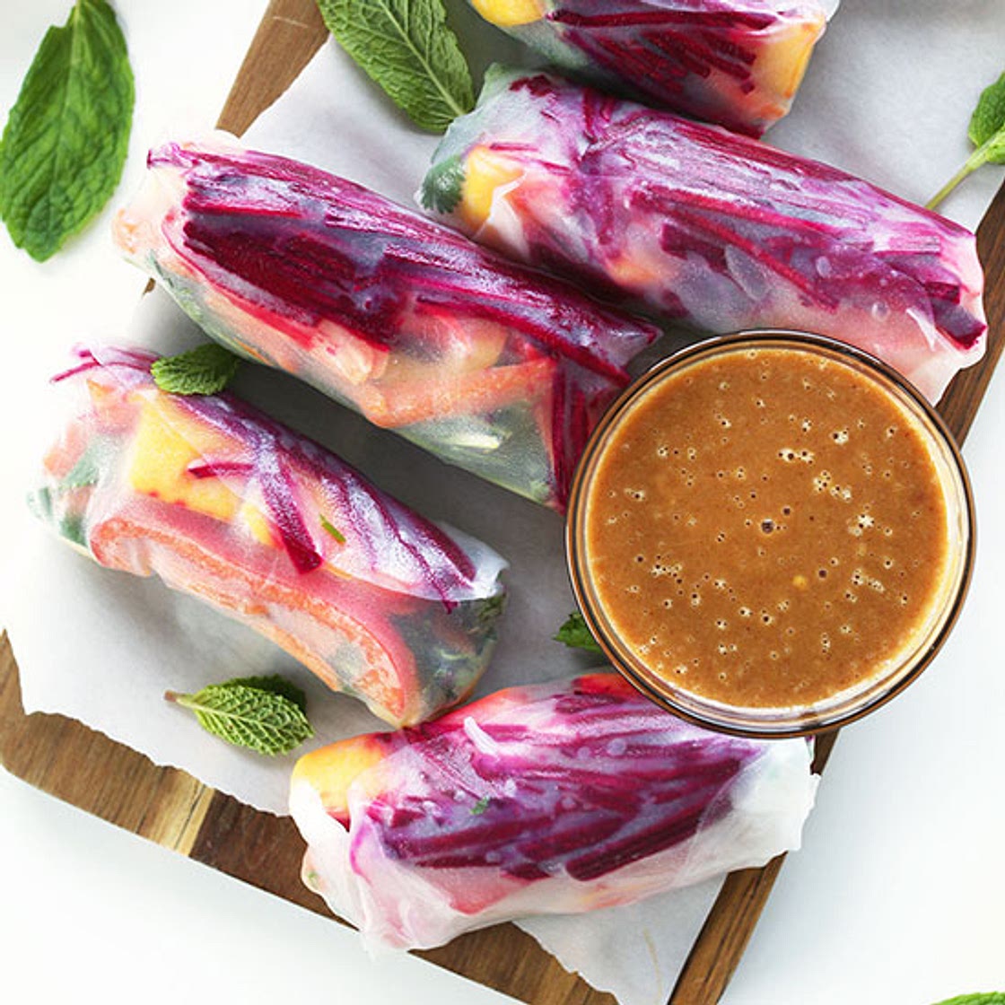 Rainbow Spring Rolls with Ginger Peanut Sauce