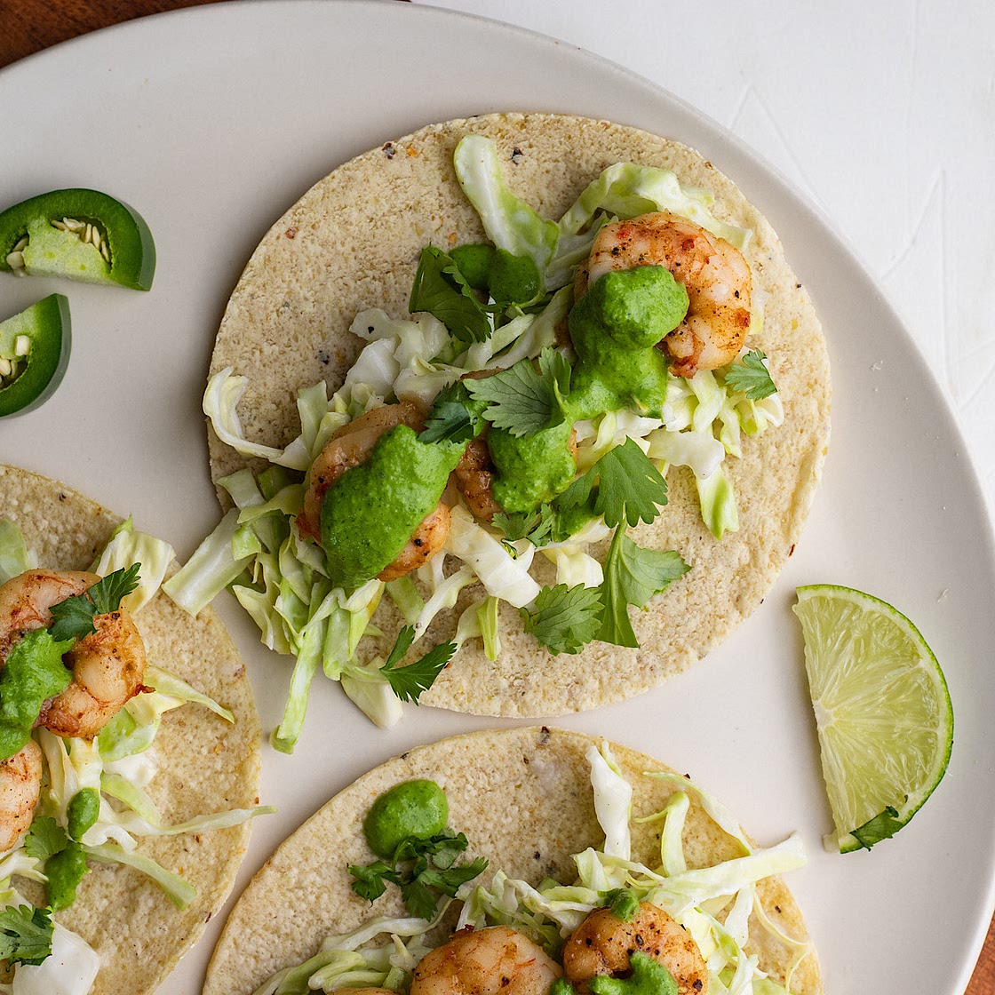 Hot Honey Shrimp Tacos with Cilantro Yogurt sauce