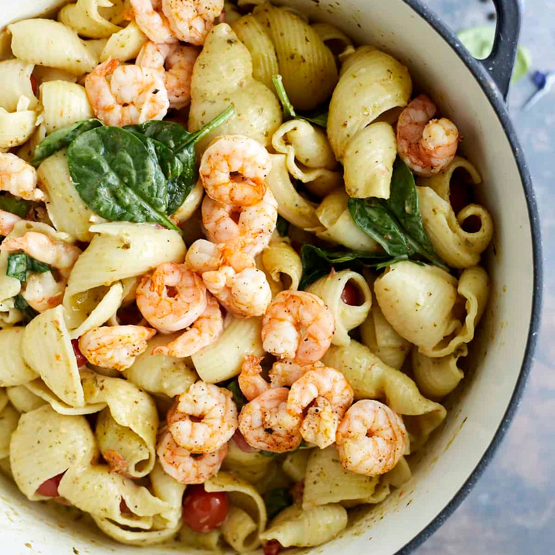 One Pot Pesto Pasta (with oven baked shrimp)