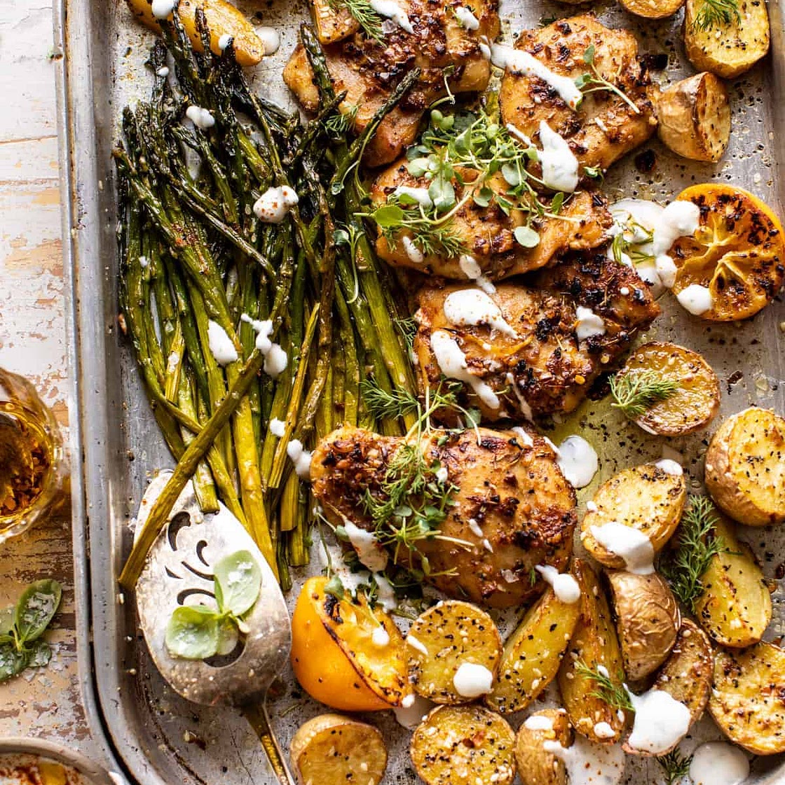 Sheet Pan Lemon Rosemary Dijon Chicken with Feta Goddess Sauce