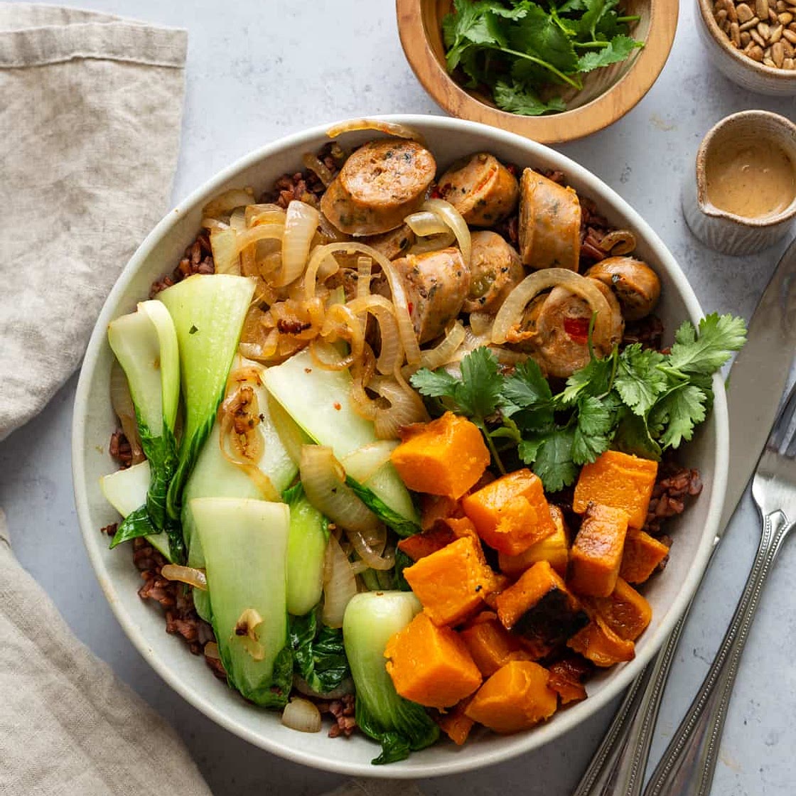 Sausage and Bok Choy Grain Bowl with Creamy Tahini Dressing