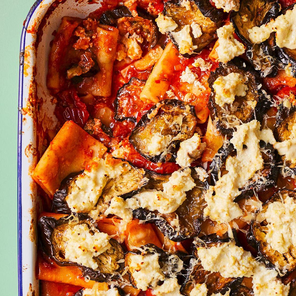 Aubergine, ricotta and ’nduja paccheri