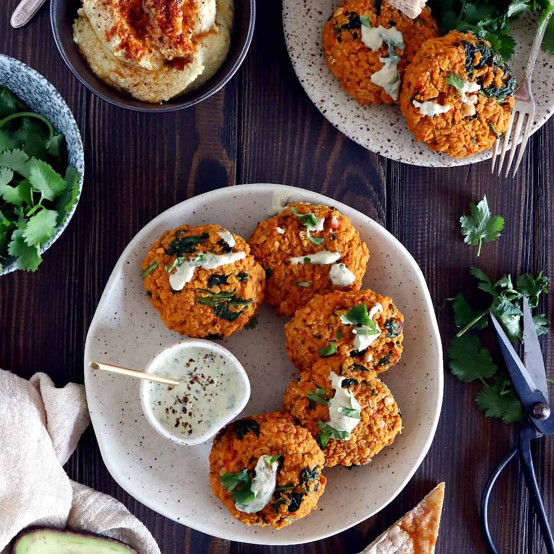 Red Lentil Patties with a Garlic-Herb Tahini Sauce (vegan, gluten-free)