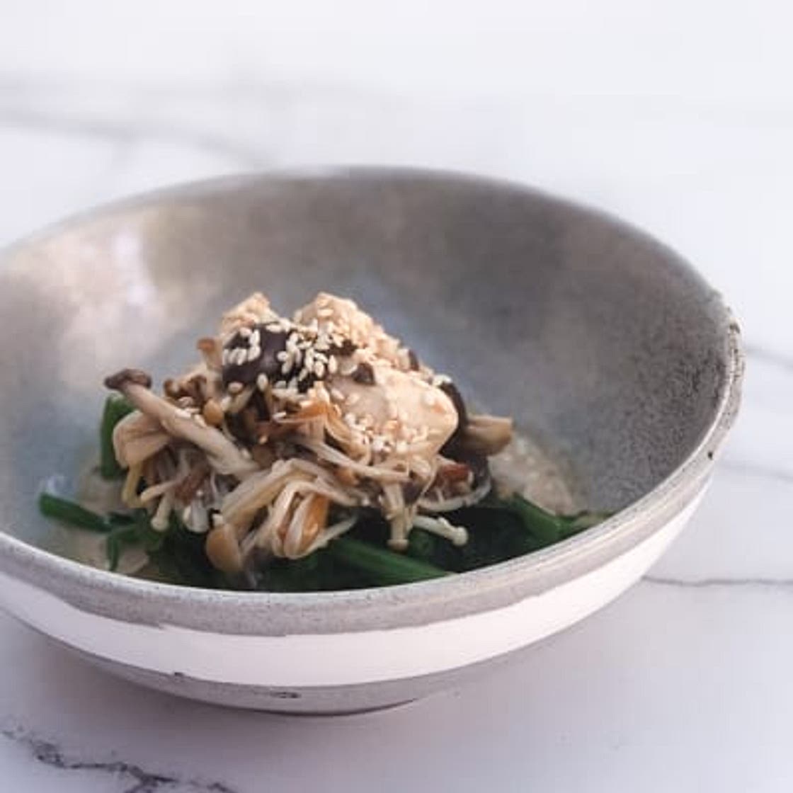 Marinated Japanese Mushroom Salad with Sesame Spinach
