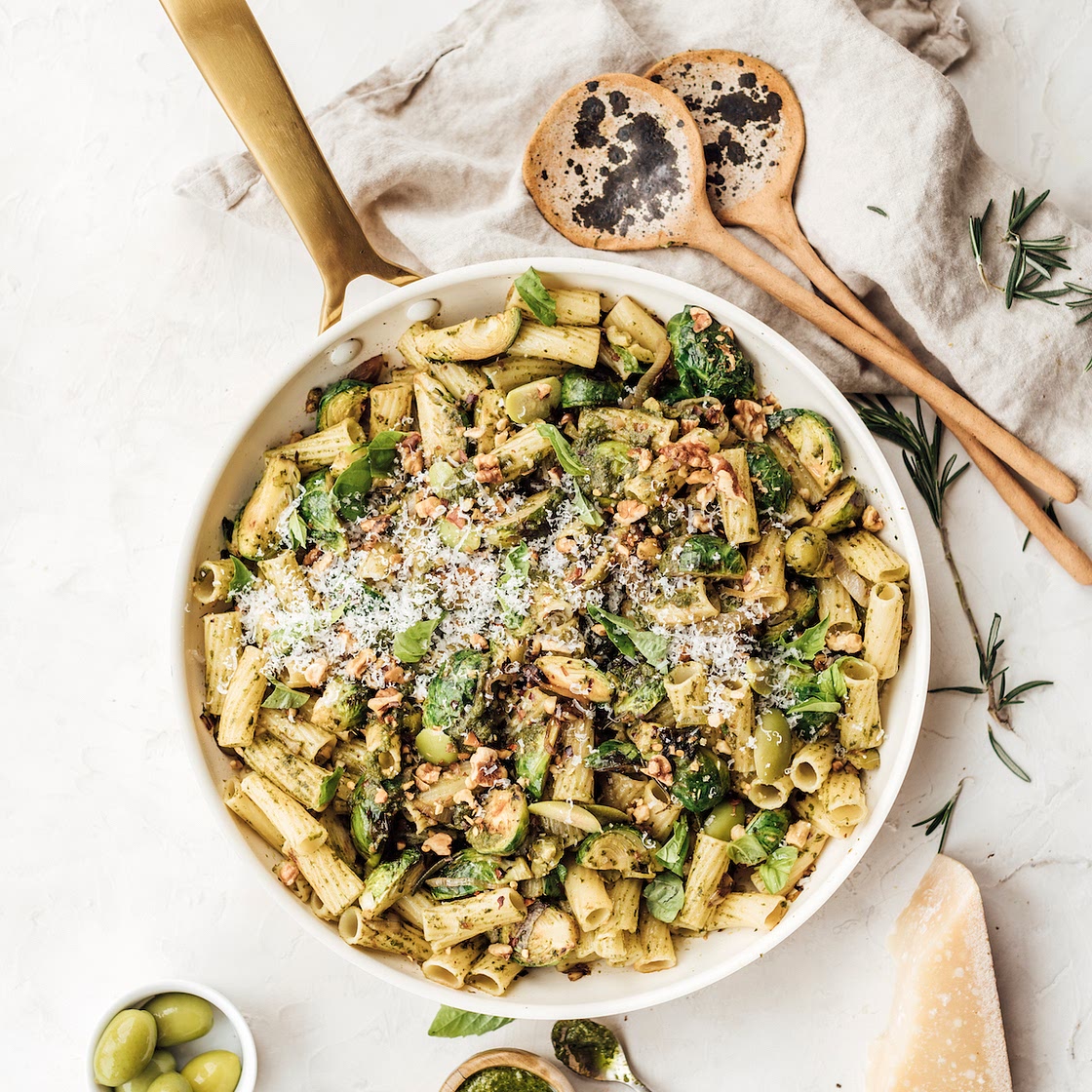 Rigatoni with Brussels Sprouts & Kale Pesto