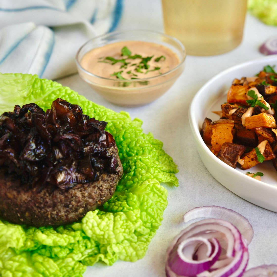 Grilled Beef and Mushroom Burgers with Caramelized Onions & Roasted Sweet Potatoes